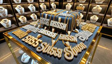 A wide-angle composition featuring multiple iced-out custom name necklaces in gold and silver