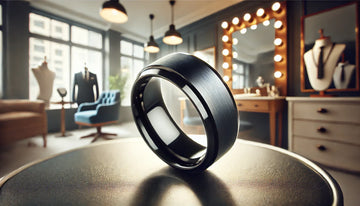 A sleek black tungsten wedding band with a modern finish.