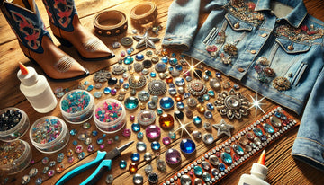 lose-up of sparkling rhinestones in various colors and shapes on a white background