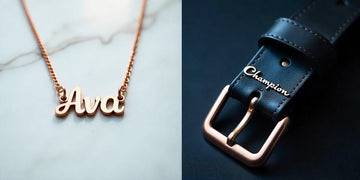 Side-by-side comparison of name necklace and buckle belt styles