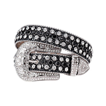 Engraved Buckle Shiny Black Strap with Black and Silver Studs Rhinestone Belt-Belts-The Rhinestone Belts