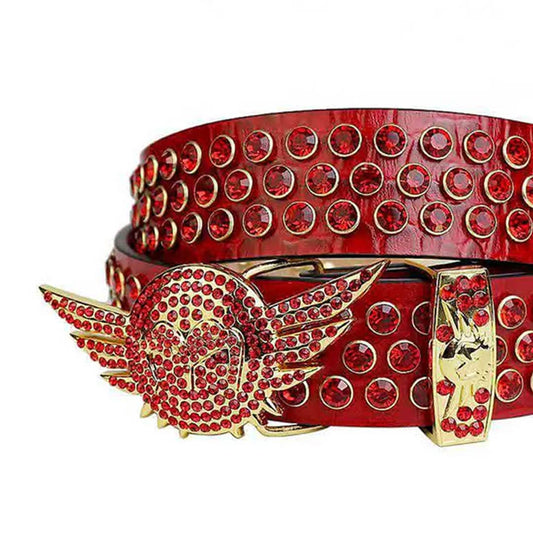 Angel Wings Buckle Red Strap with Red Studs Rhinestone Belt-Belts-The Rhinestone Belts