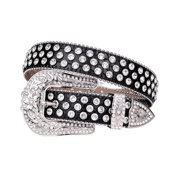 Engraved Buckle Black Strap with Crystal Studs Rhinestone Belt-Belts-The Rhinestone Belts