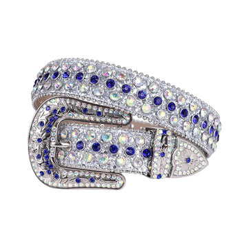 Engraved Buckle Shiny Grey Strap with Blue and Multi Studs Rhinestone Belt-Belts-The Rhinestone Belts