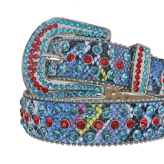 Red and Blue Rhinestones with Snake Texture Strap Rhinestone Belt-Belts-The Rhinestone Belts