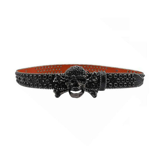 Metal Skull Buckle Black Strap with Black Studs Rhinestone Belt-Belts-The Rhinestone Belts