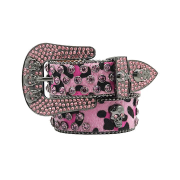 Skull Buckle Pink Patterned Strap with Pink Studs Rhinestone Belt-Belts-The Rhinestone Belts