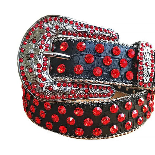 Red Rhinestones with Black Textured Strap and Silver Buckle Rhinestone Belt-Belts-The Rhinestone Belts