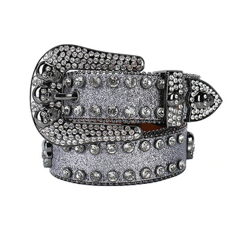 Skull Buckle Grey Strap with Grey Studs Rhinestone Belt-Belts-The Rhinestone Belts