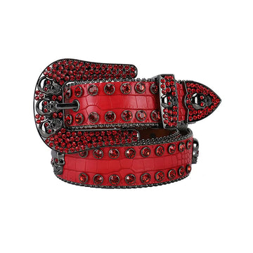 Skull Buckle with Red Studded Design Rhinestone Belt-Belts-The Rhinestone Belts