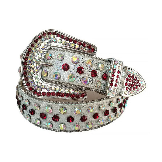 Red and Chromatic Rhinestones with Grey Glitter Strap Rhinestone Belt-Belts-The Rhinestone Belts