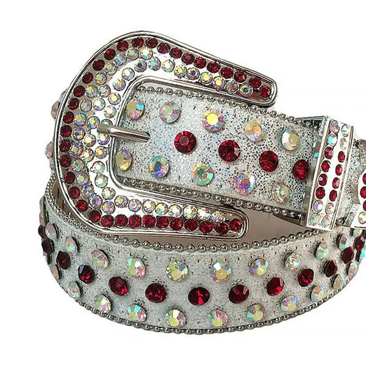 Red and Chromatic Rhinestones with Grey Glitter Strap Rhinestone Belt-Belts-The Rhinestone Belts