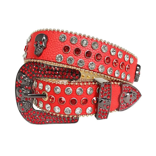 Red and Diamond Rhinestones with Red Strap and Skull Buckles Rhinestone Belt-Belts-The Rhinestone Belts