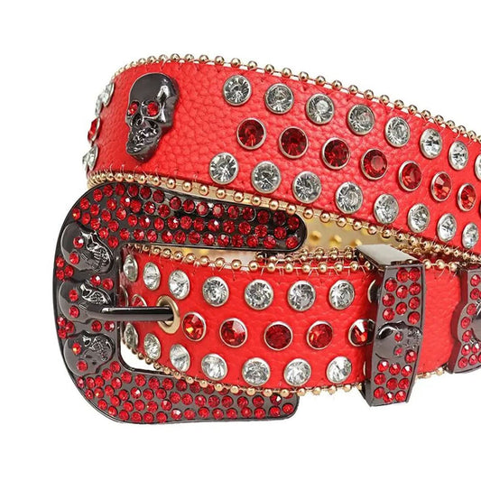 Red and Diamond Rhinestones with Red Strap and Skull Buckles Rhinestone Belt-Belts-The Rhinestone Belts