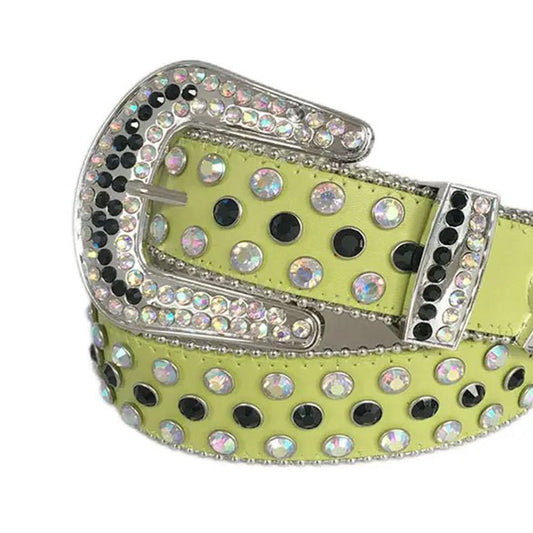 Chromatic and Black Rhinestones with Green Strap Rhinestone Belt-Belts-The Rhinestone Belts
