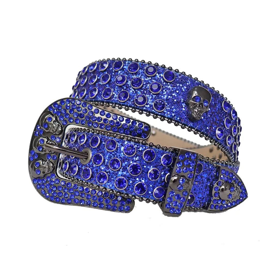 Blue Rhinestones with Blue Glitter Strap and Skull Buckles Rhinestone Belt-Belts-The Rhinestone Belts