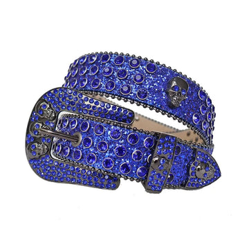 Blue Rhinestones with Blue Glitter Strap and Skull Buckles Rhinestone Belt-Belts-The Rhinestone Belts