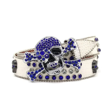 Metal Skull Buckle White Strap with Crystal and Blue Studs Rhinestone Belt-Belts-The Rhinestone Belts