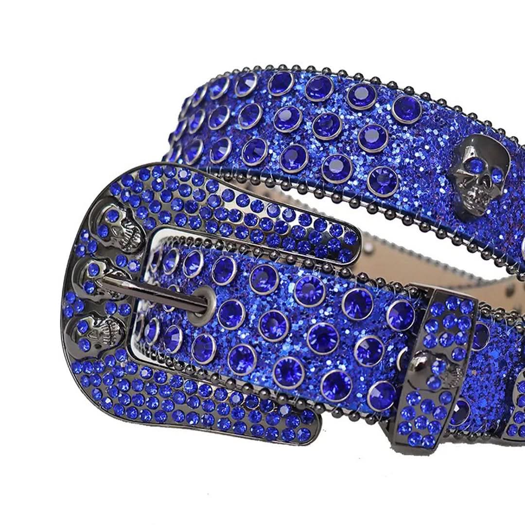 Blue Rhinestones with Blue Glitter Strap and Skull Buckles Rhinestone Belt-Belts-The Rhinestone Belts