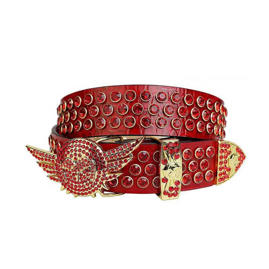 Angel Wings Buckle Red Strap with Red Studs Rhinestone Belt-Belts-The Rhinestone Belts