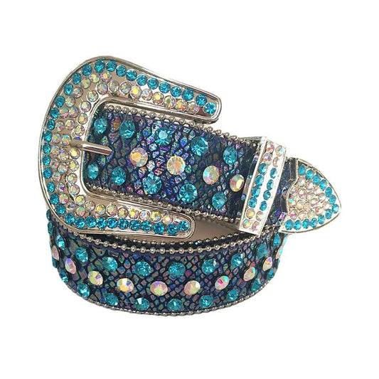 Sky and Chromatic Rhinestones with Chromatic Textured Strap Rhinestone Belt-Belts-The Rhinestone Belts