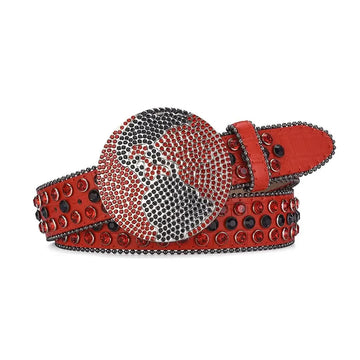 Globe Buckle with Red and Black Studs Rhinestone Belt-Belts-The Rhinestone Belts