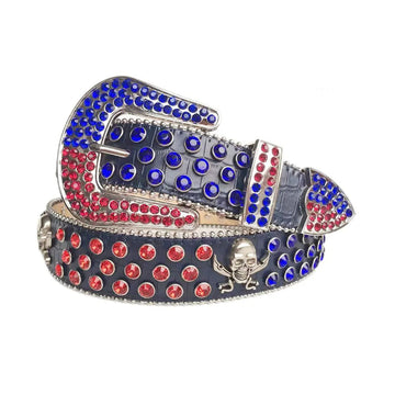 Red and Blue Rhinestones with Skull Studs on Black Textured Strap Rhinestone Belt-Belts-The Rhinestone Belts