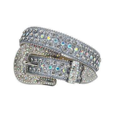 Engraved Buckle Shiny Grey Strap with Multi and Crystal Studs Rhinestone Belt-Belts-The Rhinestone Belts