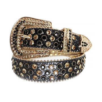 Black and Gold Rhinestones with Black Glitter Strap Rhinestone Belt-Belts-The Rhinestone Belts