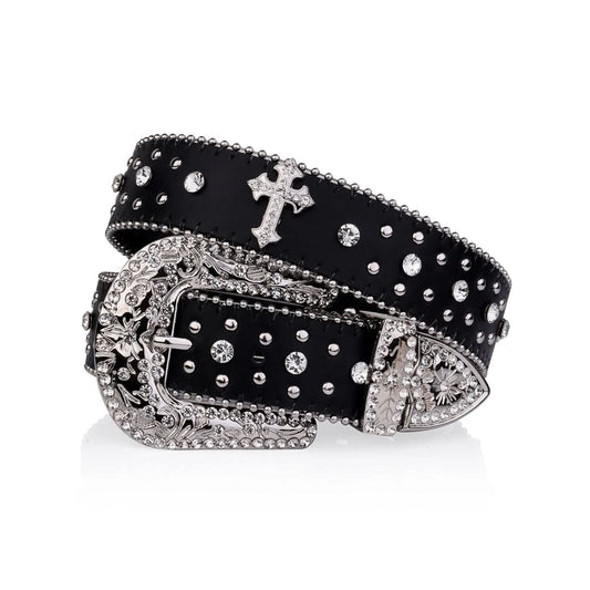 Engraved Buckle Cross Black Strap with Crystal Studs Rhinestone Belt-Belts-The Rhinestone Belts