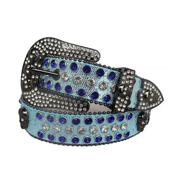 Blue and Clear Rhinestones with Skull Studs on Sky Strap Rhinestone Belt-Belts-The Rhinestone Belts