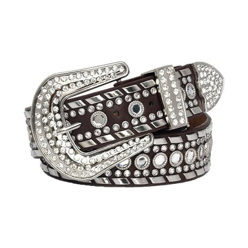 Diamond Rhinestones and Silver Studs with Dark Brown Strap Rhinestone Belt-Belts-The Rhinestone Belts
