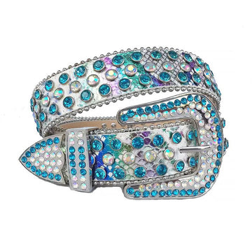 Aqua and Chromatic Design with White Snake Texture Strap Rhinestone Belt-Belts-The Rhinestone Belts