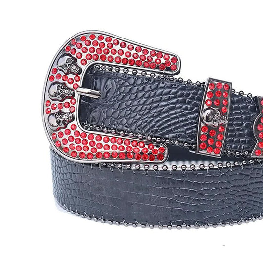 Red Rhinestones with Black Textured Strap and Skull Buckles Rhinestone Belt-Belts-The Rhinestone Belts