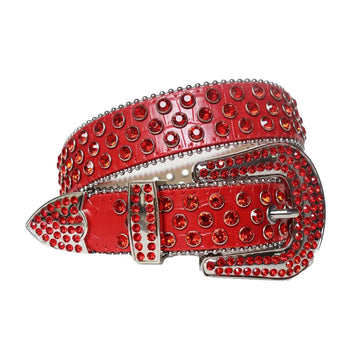 Red Rhinestones with Red Textured Strap and Silver Buckle Rhinestone Belt-Belts-The Rhinestone Belts