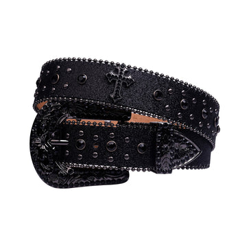 Engraved Buckle Cross Black Strap with Black Studs Rhinestone Belt-Belts-The Rhinestone Belts