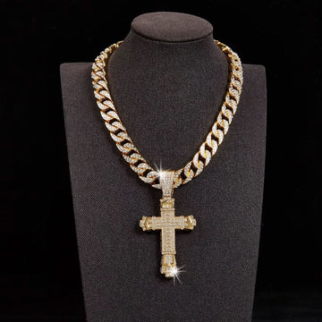 Rhinestone Cuban Link Chain Cross Pendant Necklace-Rhinestone Cross Pendants-The Rhinestone Belts