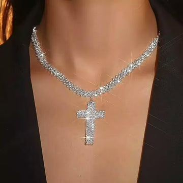 Silver Luxury Multilayer Rhinestone Cross Pendant Necklace-Rhinestone Cross Pendants-The Rhinestone Belts