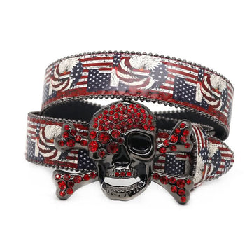 American Flag Skull Buckle with Red Strap Rhinestone Belt-Belts-The Rhinestone Belts