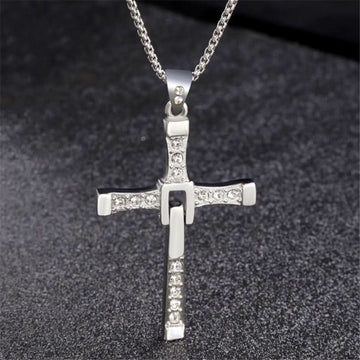 Fast & Furious Stainless Steel Rhinestone Cross Necklace-Rhinestone Cross Pendants-The Rhinestone Belts