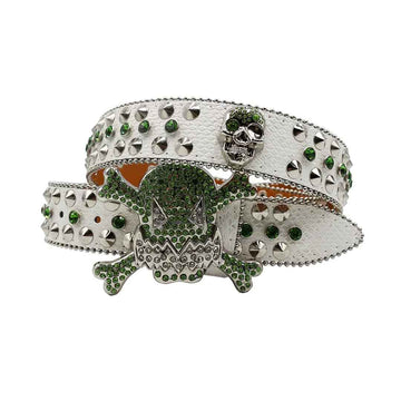 Gengar Green Buckle Metal White Strap with Crystal Studs Rhinestone Belt-Gengar Belts-The Rhinestone Belts