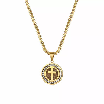 Round Rhinestone Cross Stainless Steel Pendant Necklace-Rhinestone Cross Pendants-The Rhinestone Belts