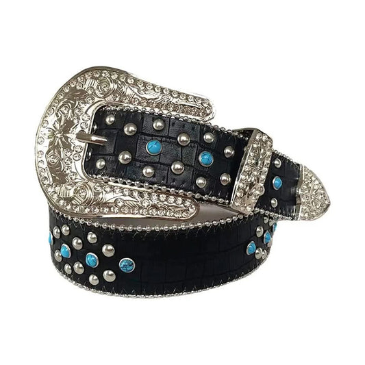Blue Rhinestones with Black Textured Strap Rhinestone Belt-Belts-The Rhinestone Belts