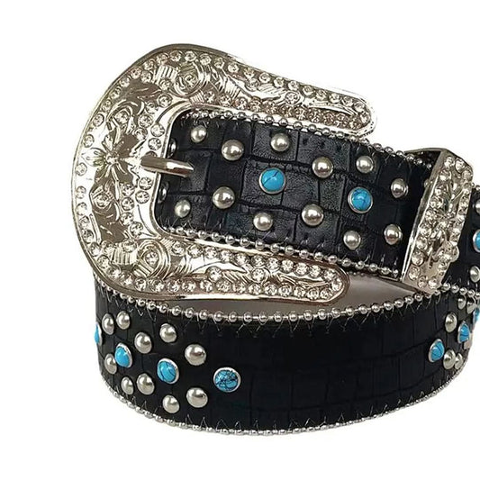 Blue Rhinestones with Black Textured Strap Rhinestone Belt-Belts-The Rhinestone Belts