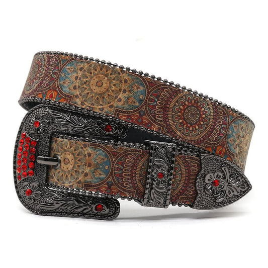 Engraved Buckle Zombie Art with Red Studded Strap Rhinestone Belt-Belts-The Rhinestone Belts
