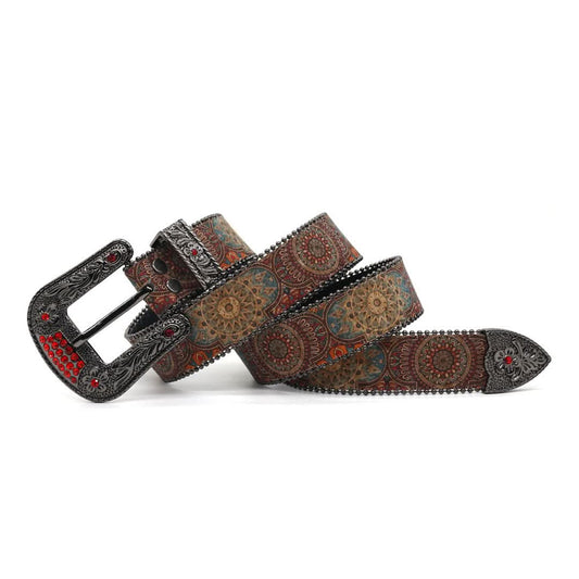 Engraved Buckle Zombie Art with Red Studded Strap Rhinestone Belt-Belts-The Rhinestone Belts