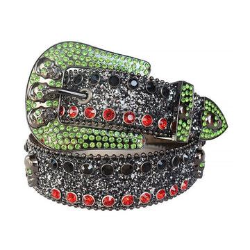 Multi Rhinestones with Black Glitter Strap and Skull Buckles Rhinestone Belt-Belts-The Rhinestone Belts