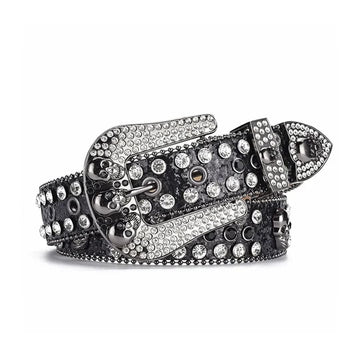 Skull Buckle Black Strap with Crystal Studs Rhinestone Belt-Belts-The Rhinestone Belts