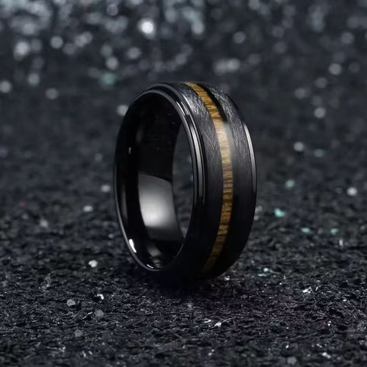 8mm Black Stainless Koa Wood Inlay Steel Ring-Tungsten Ring-The Rhinestone Belts