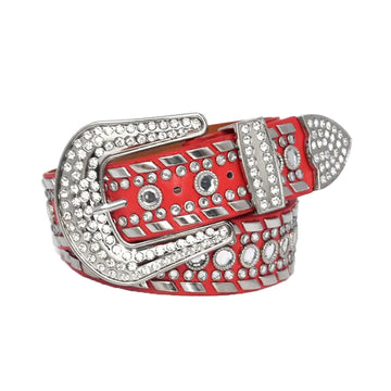 Diamond Rhinestones and Silver Studs with Red Strap Rhinestone Belt-Belts-The Rhinestone Belts